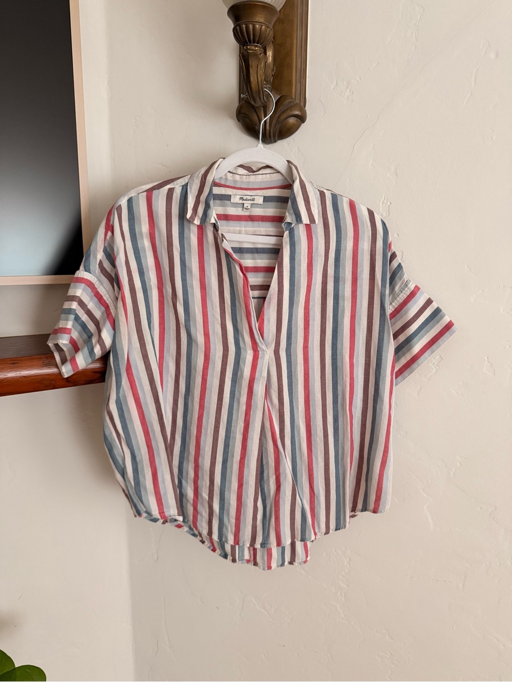 Madewell Courier Button-Back Shirt Short Sleeve Multi Striped Popover Top